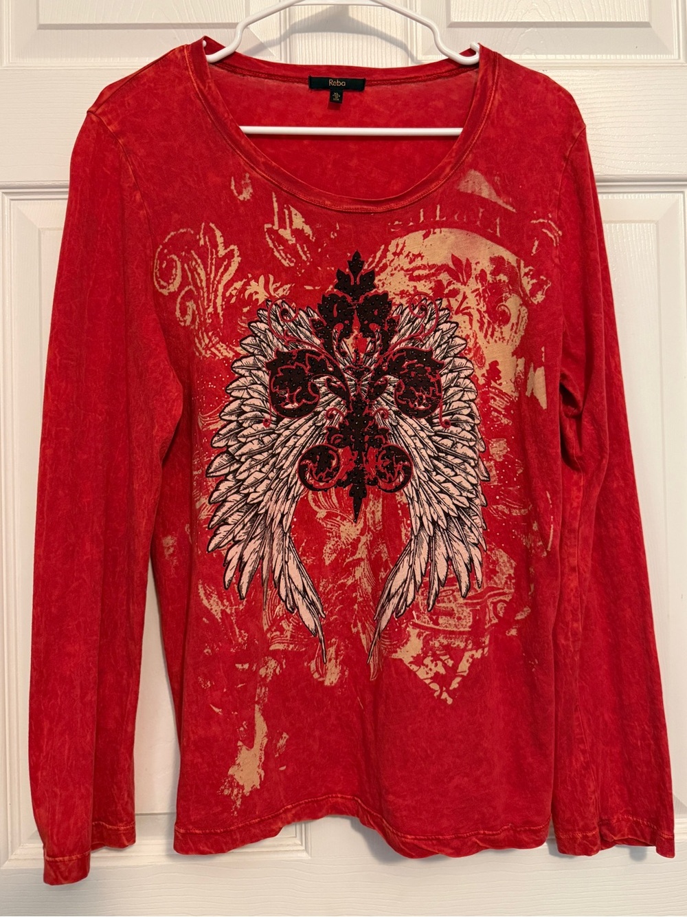 Reba Red Long-Sleeve Tee with Winged Fleur-de-Lis Graphic